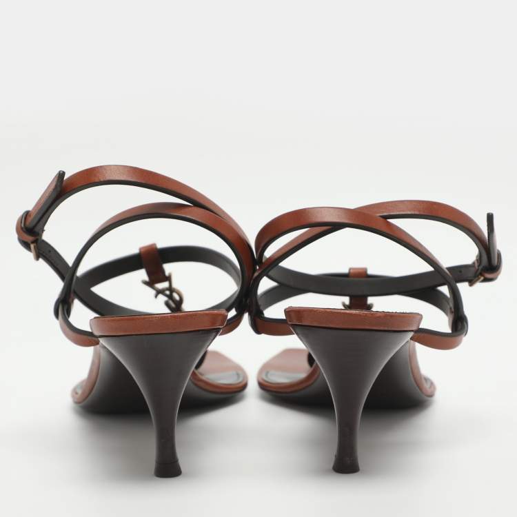 Pre Owned Saint Laurent Cassandra Size 38.5 Brown Leather Ankle Strap Sandals