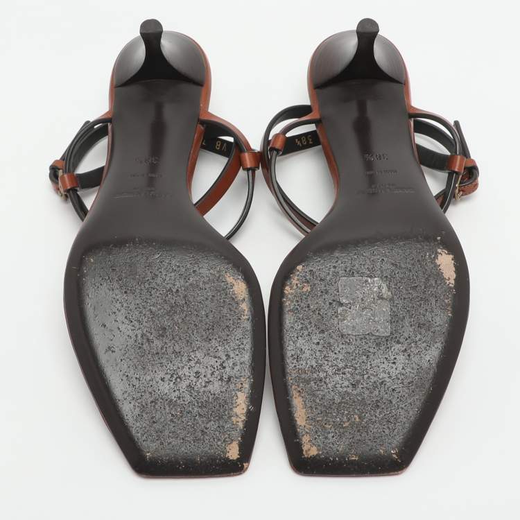 Pre Owned Saint Laurent Cassandra Size 38.5 Brown Leather Ankle Strap Sandals