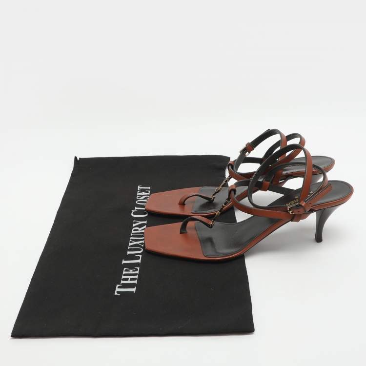 Pre Owned Saint Laurent Cassandra Size 38.5 Brown Leather Ankle Strap Sandals