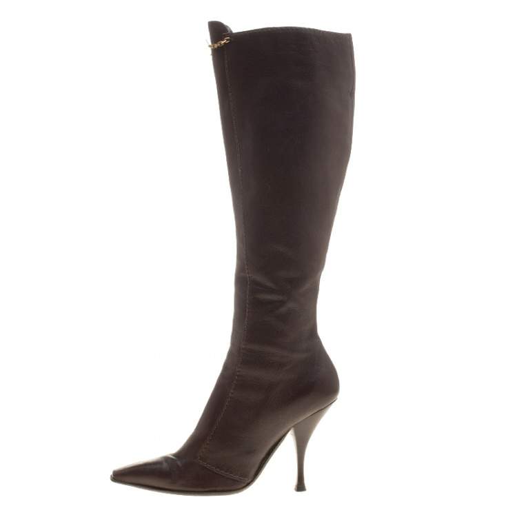 Pre Owned Saint Laurent Paris Brown Leather Knee Length Boots Size 38.5