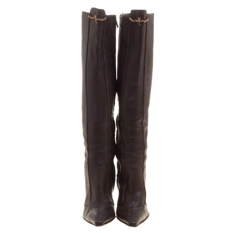 Pre Owned Saint Laurent Paris Brown Leather Knee Length Boots Size 38.5