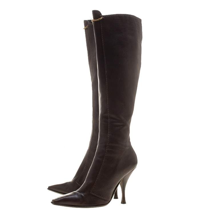 Pre Owned Saint Laurent Paris Brown Leather Knee Length Boots Size 38.5