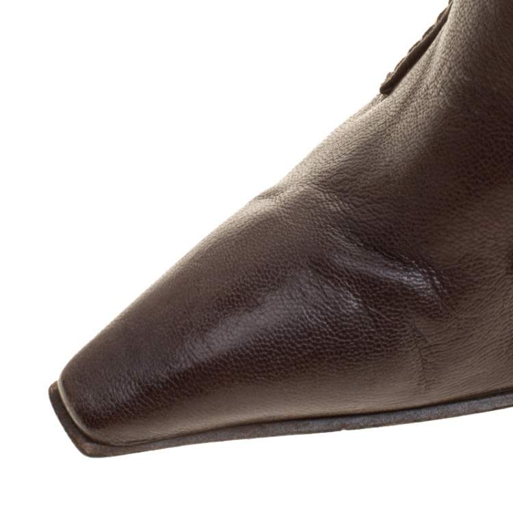 Pre Owned Saint Laurent Paris Brown Leather Knee Length Boots Size 38.5