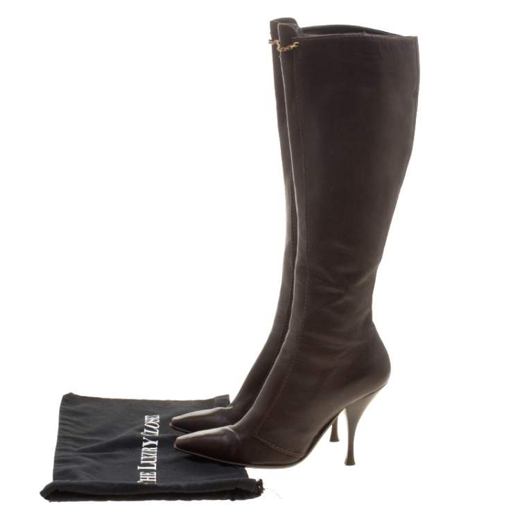Pre Owned Saint Laurent Paris Brown Leather Knee Length Boots Size 38.5