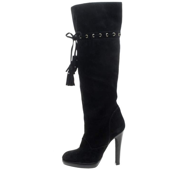 Pre Owned Saint Laurent Paris Black Suede Chelsea Tassel Knee Boots Size 36