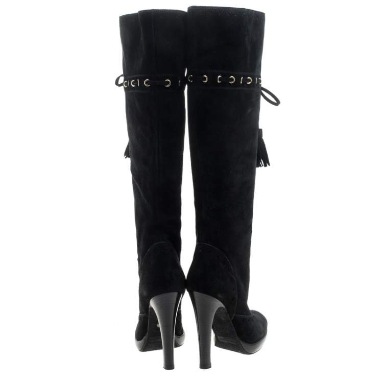 Pre Owned Saint Laurent Paris Black Suede Chelsea Tassel Knee Boots Size 36
