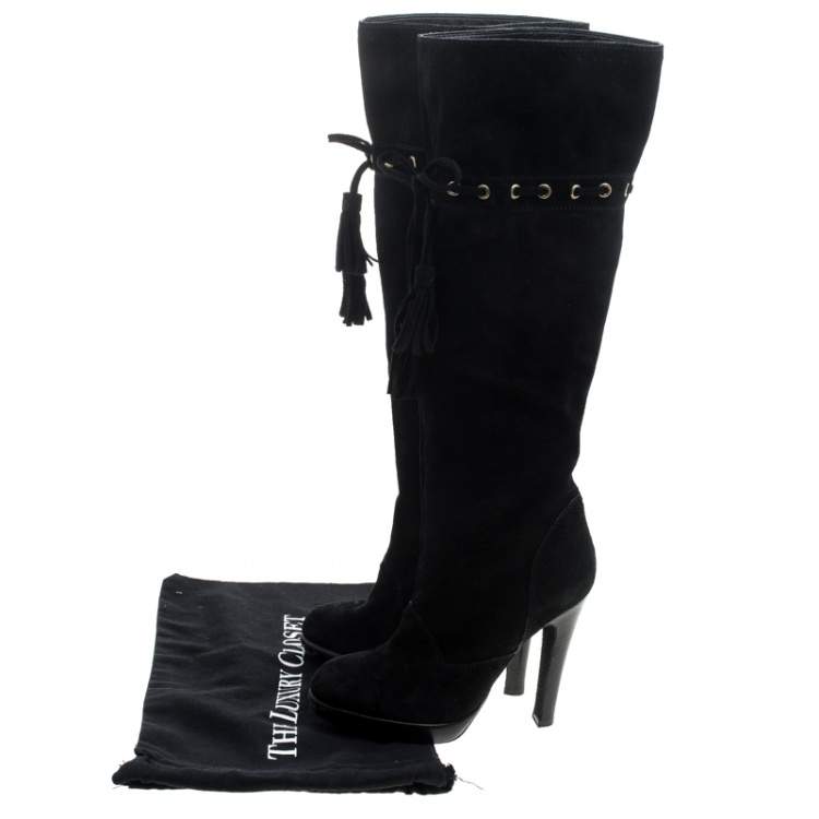 Pre Owned Saint Laurent Paris Black Suede Chelsea Tassel Knee Boots Size 36