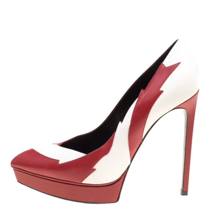 Pre Owned Saint Laurent Paris Two Tone Leather Lightning Bolt Platform Pumps Size 39.5