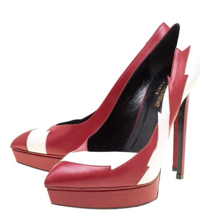 Pre Owned Saint Laurent Paris Two Tone Leather Lightning Bolt Platform Pumps Size 39.5
