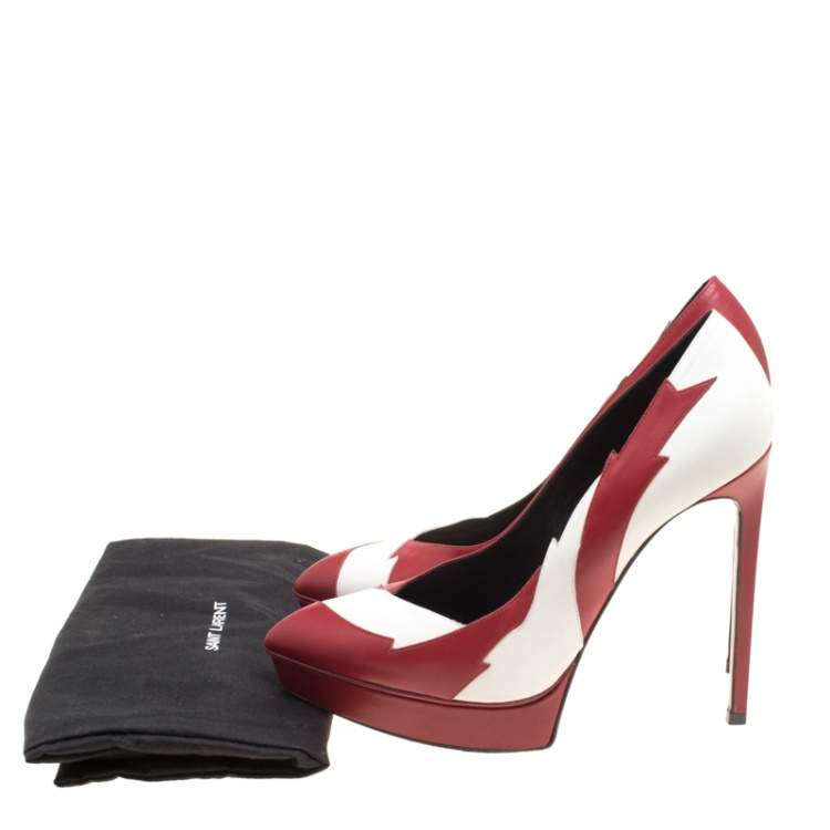 Pre Owned Saint Laurent Paris Two Tone Leather Lightning Bolt Platform Pumps Size 39.5