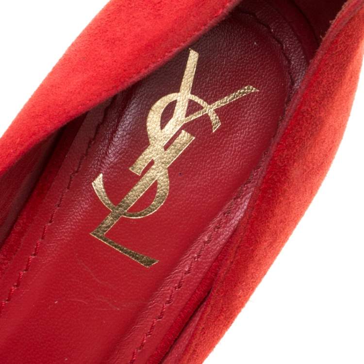 Pre Owned Saint Laurent Red Suede Palais Platform Peep Toe Pumps Size 40