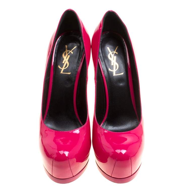 Pre Owned Saint Laurent Hot Pink Patent Leather Tribtoo Platform Pumps Size 37.5