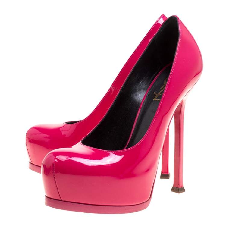 Pre Owned Saint Laurent Hot Pink Patent Leather Tribtoo Platform Pumps Size 37.5