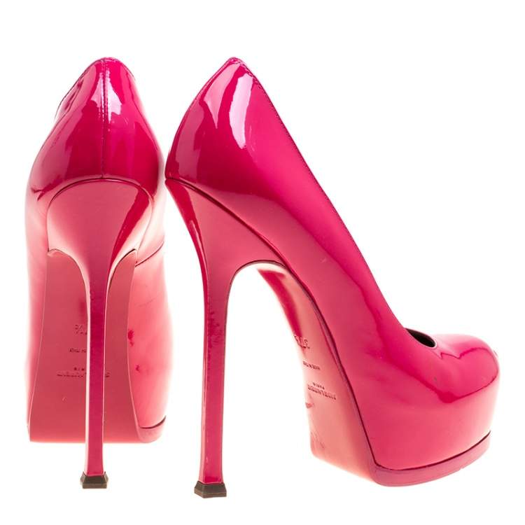 Pre Owned Saint Laurent Hot Pink Patent Leather Tribtoo Platform Pumps Size 37.5