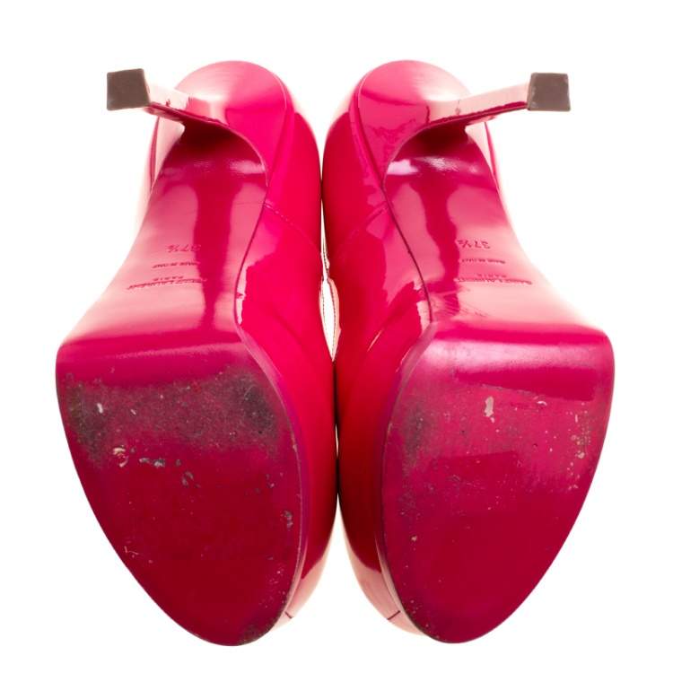 Pre Owned Saint Laurent Hot Pink Patent Leather Tribtoo Platform Pumps Size 37.5
