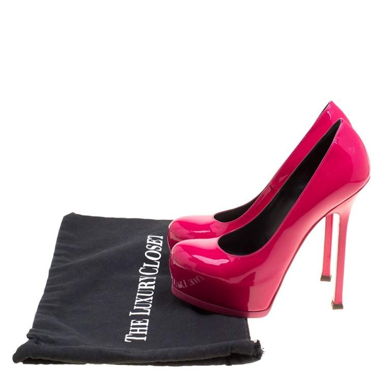 Pre Owned Saint Laurent Hot Pink Patent Leather Tribtoo Platform Pumps Size 37.5