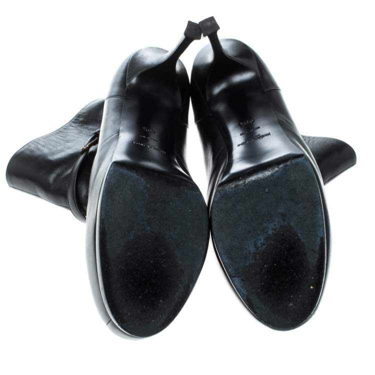 Pre Owned Saint Laurent Paris Black Leather Platform Ankle Boots Size 40.5