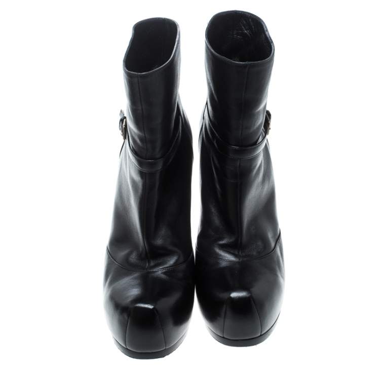 Pre Owned Saint Laurent Paris Black Leather Platform Ankle Boots Size 40.5
