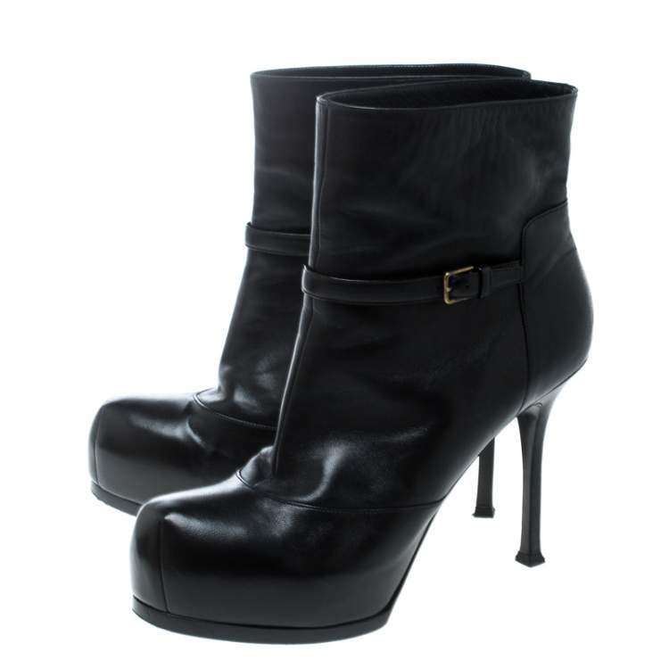 Pre Owned Saint Laurent Paris Black Leather Platform Ankle Boots Size 40.5