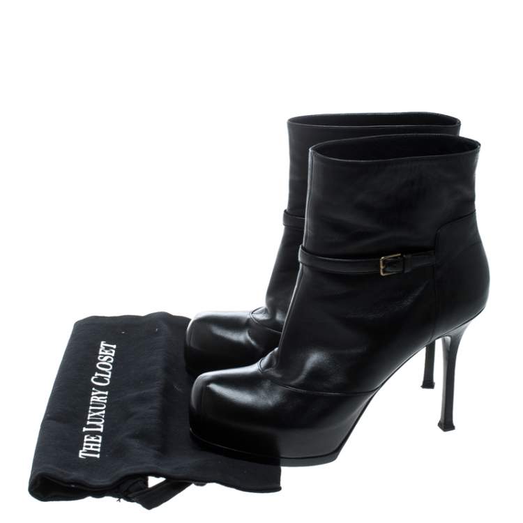 Pre Owned Saint Laurent Paris Black Leather Platform Ankle Boots Size 40.5