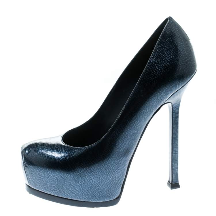 Pre Owned Saint Laurent Paris Blue Textured Patent Leather Tribtoo Platform Pumps Size 36