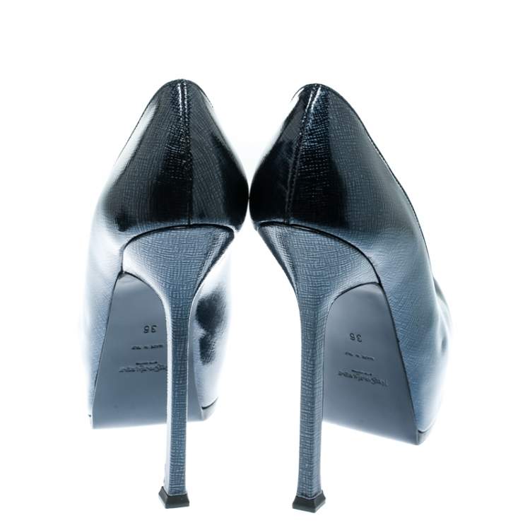 Pre Owned Saint Laurent Paris Blue Textured Patent Leather Tribtoo Platform Pumps Size 36