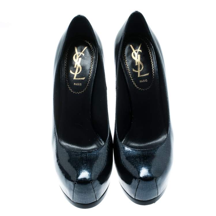 Pre Owned Saint Laurent Paris Blue Textured Patent Leather Tribtoo Platform Pumps Size 36