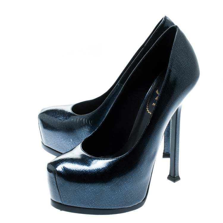 Pre Owned Saint Laurent Paris Blue Textured Patent Leather Tribtoo Platform Pumps Size 36