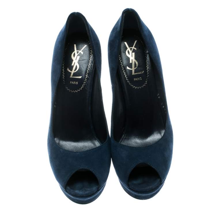 Pre Owned Saint Laurent Blue Suede Palais Platform Peep Toe Pumps Size 36