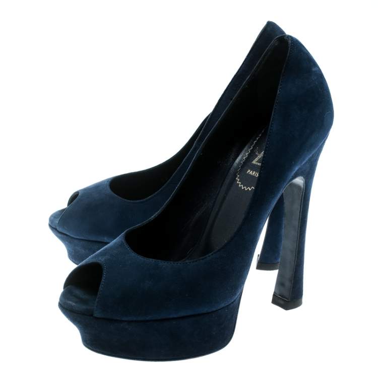Pre Owned Saint Laurent Blue Suede Palais Platform Peep Toe Pumps Size 36