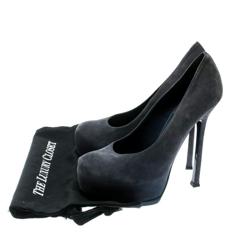 Pre Owned Saint Laurent Paris Blue Suede Tribtoo Platform Pumps Size 40