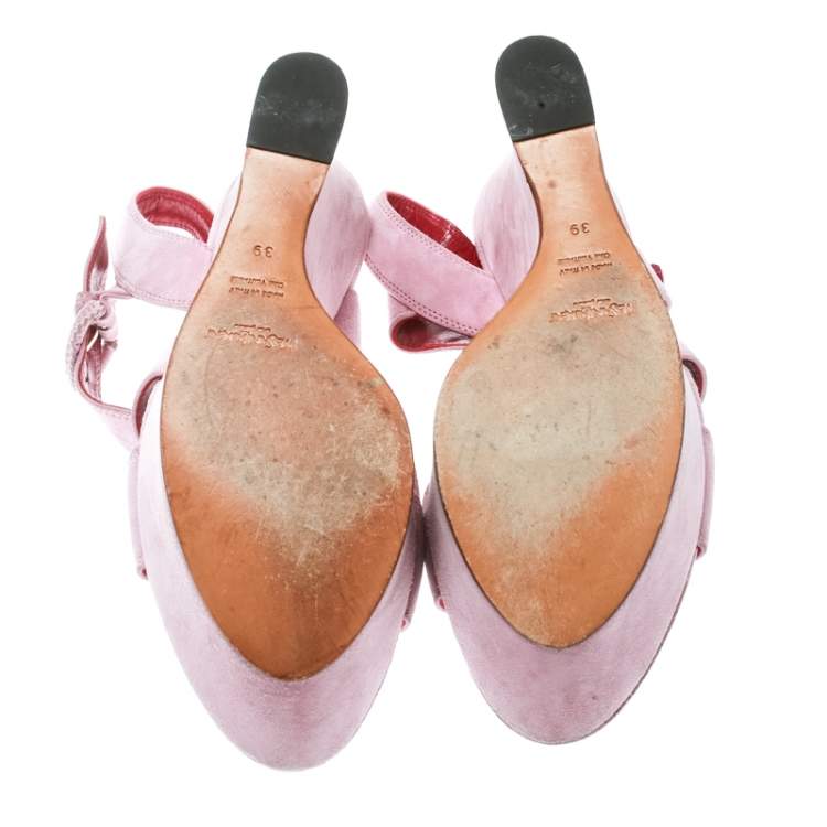 Pre Owned Saint Laurent Paris Light Pink Suede Cross Strap Platform Wedge Sandals Size 39