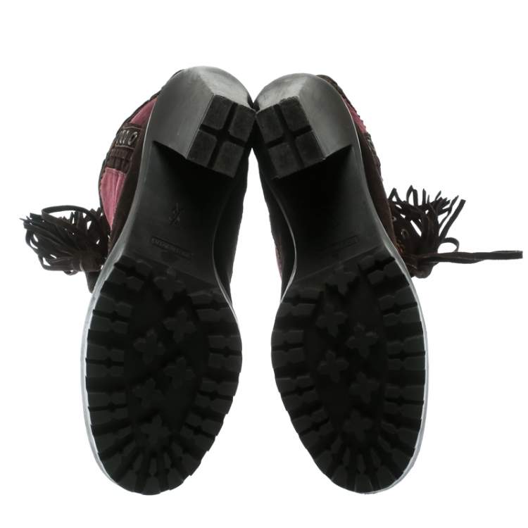 Pre Owned Saint Laurent Paris Brown/Burgundy Suede Tassel Detail Calf Boot Shoes Size 40.5