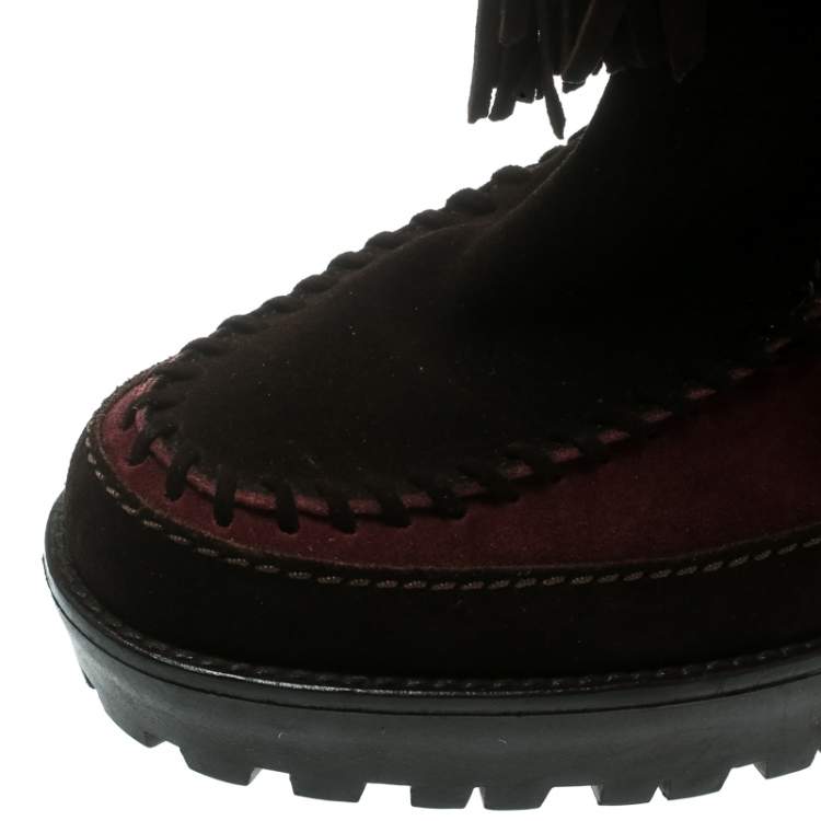 Pre Owned Saint Laurent Paris Brown/Burgundy Suede Tassel Detail Calf Boot Shoes Size 40.5