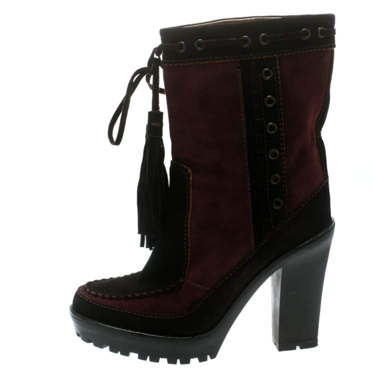 Pre Owned Saint Laurent Paris Brown/Burgundy Suede Tassel Detail Calf Boot Shoes Size 40.5