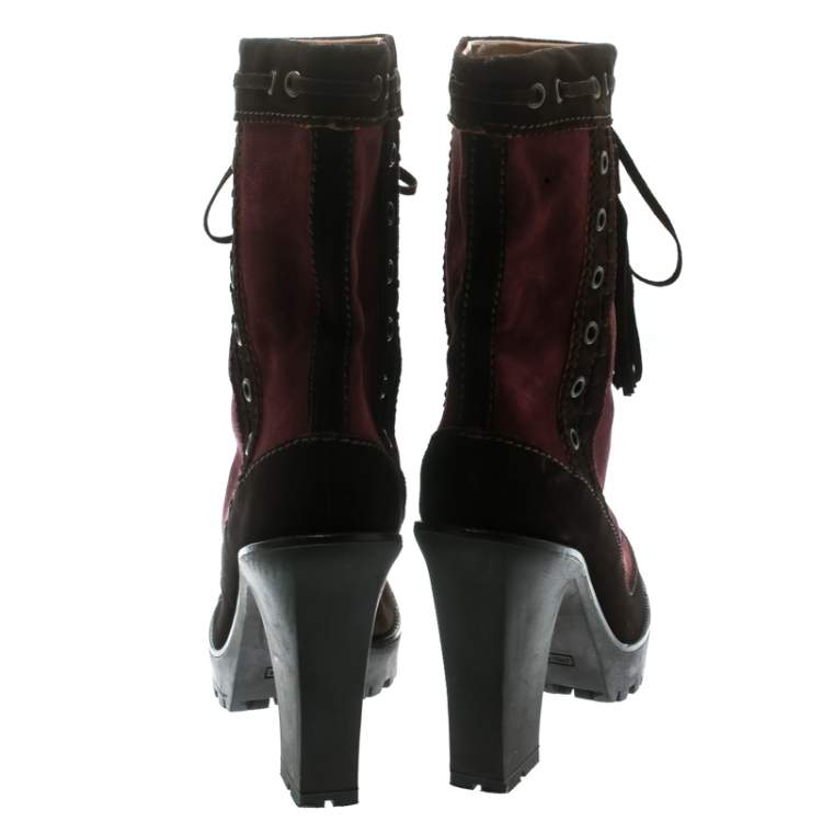 Pre Owned Saint Laurent Paris Brown/Burgundy Suede Tassel Detail Calf Boot Shoes Size 40.5