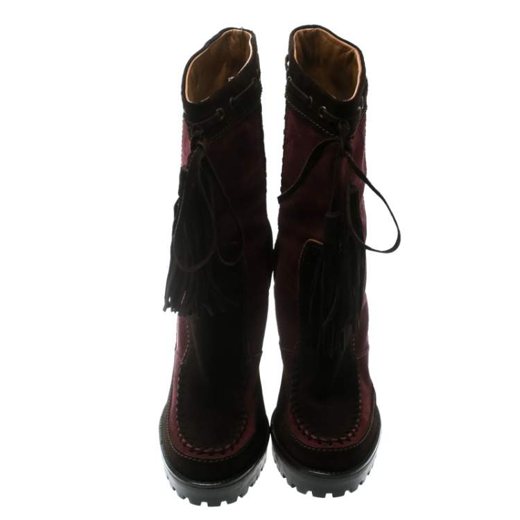 Pre Owned Saint Laurent Paris Brown/Burgundy Suede Tassel Detail Calf Boot Shoes Size 40.5