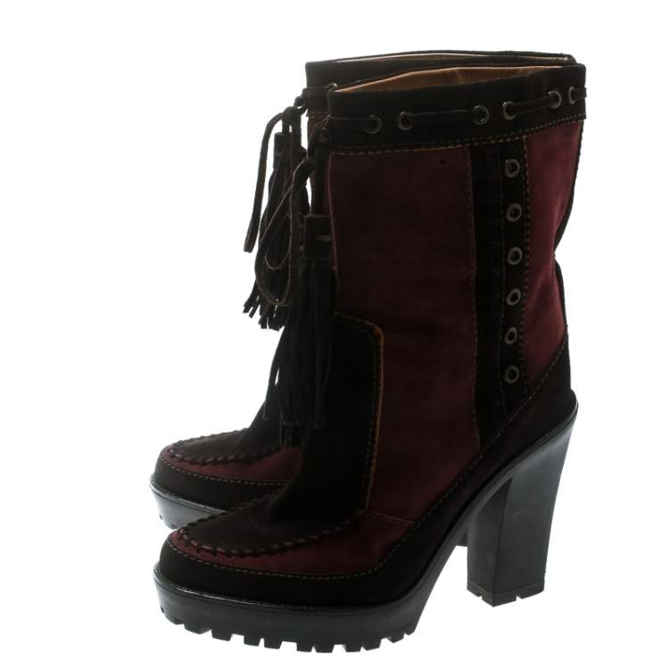Pre Owned Saint Laurent Paris Brown/Burgundy Suede Tassel Detail Calf Boot Shoes Size 40.5