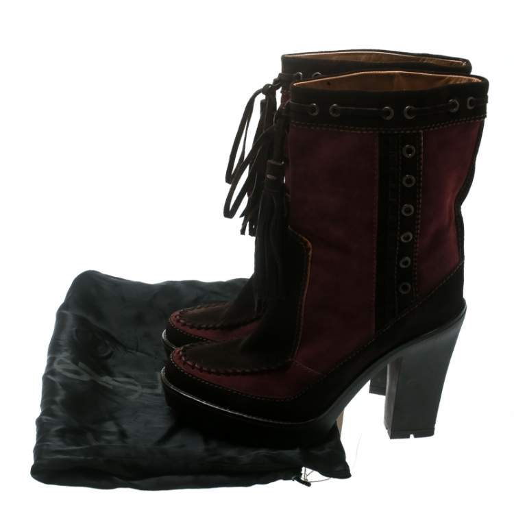 Pre Owned Saint Laurent Paris Brown/Burgundy Suede Tassel Detail Calf Boot Shoes Size 40.5