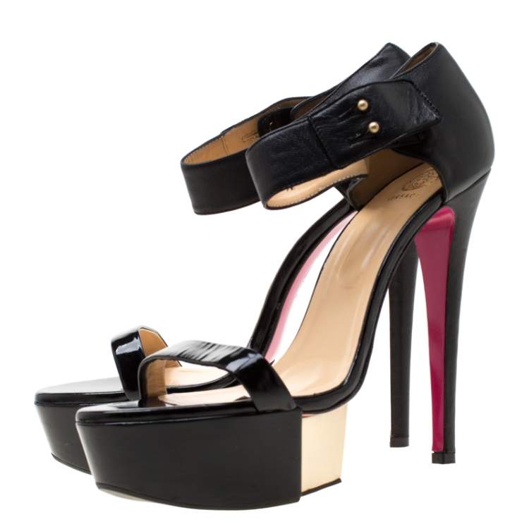 Pre Owned Versace Black Patent Leather And Leather Ankle Strap Platform Sandals Size 40