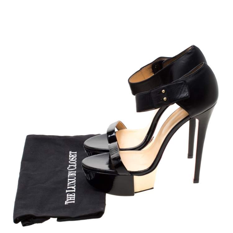 Pre Owned Versace Black Patent Leather And Leather Ankle Strap Platform Sandals Size 40