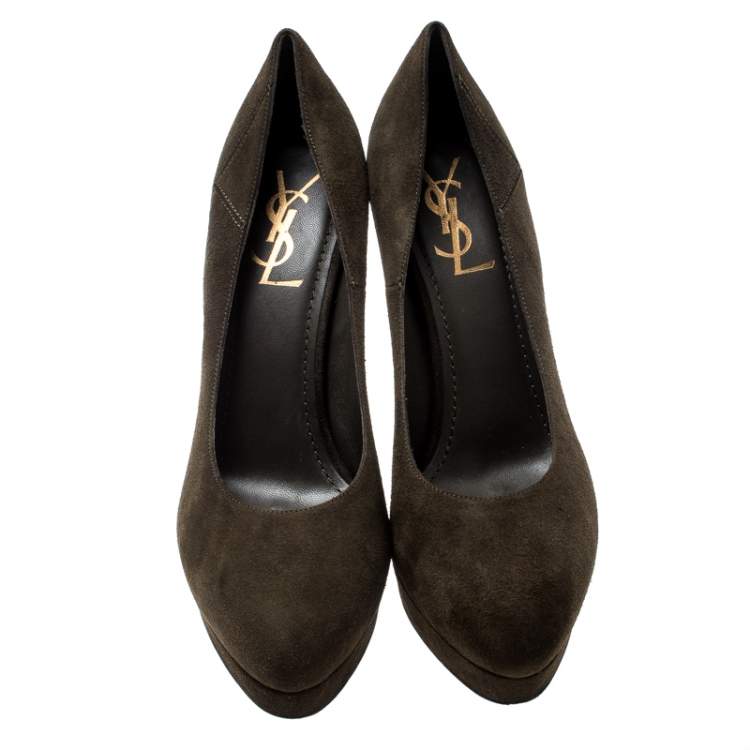 Pre Owned Saint Laurent Paris Olive Green Suede Platform Pumps 38