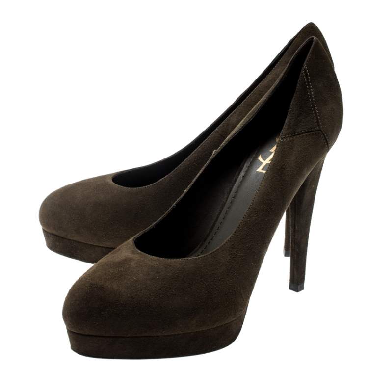 Pre Owned Saint Laurent Paris Olive Green Suede Platform Pumps 38