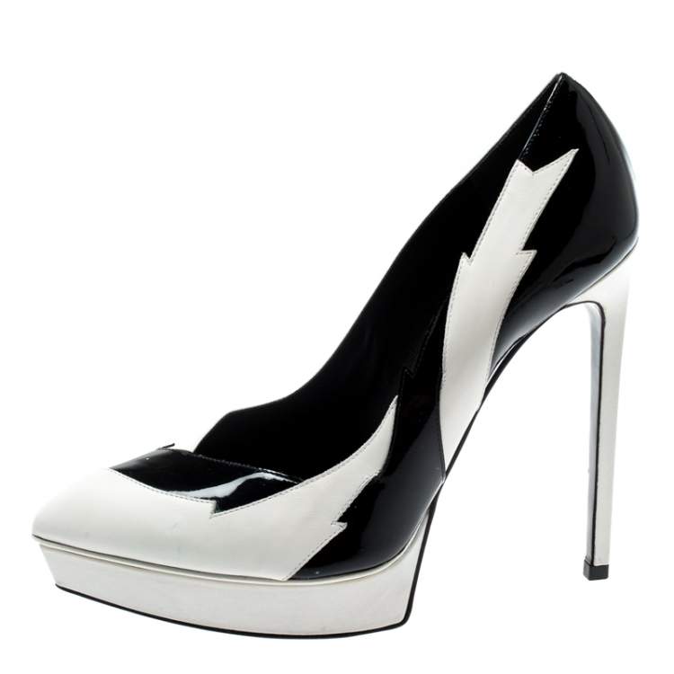 Pre Owned Saint Laurent Paris Monochrome Leather Janis Lightning Splash Pointed Toe Platform Pumps Size 39