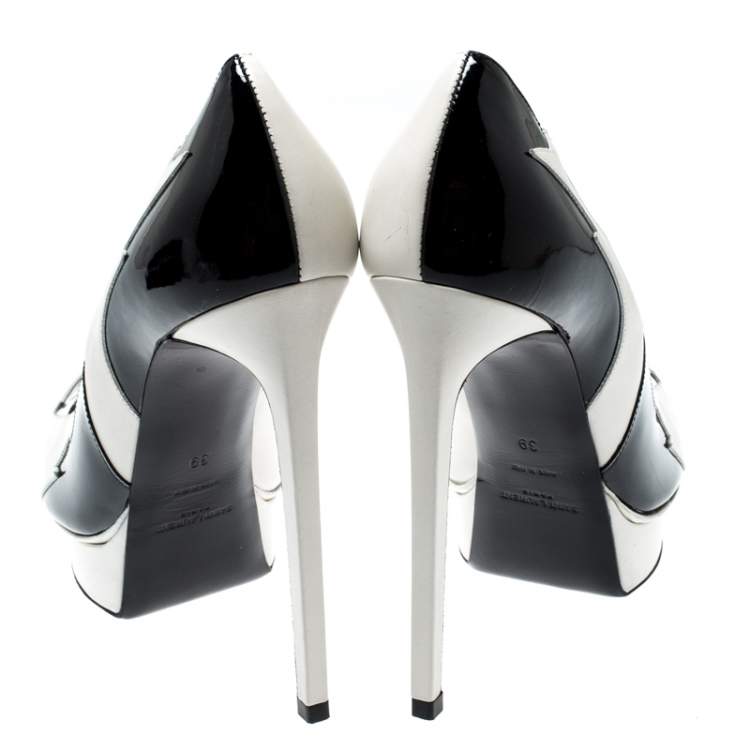 Pre Owned Saint Laurent Paris Monochrome Leather Janis Lightning Splash Pointed Toe Platform Pumps Size 39
