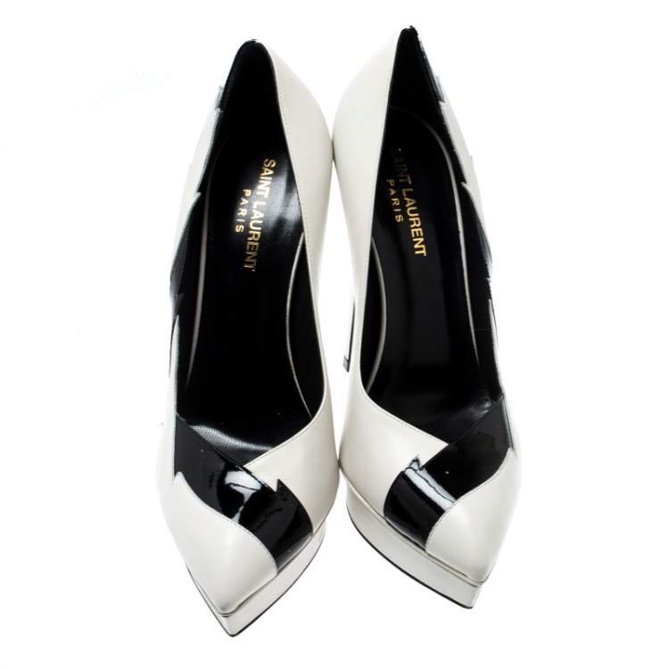 Pre Owned Saint Laurent Paris Monochrome Leather Janis Lightning Splash Pointed Toe Platform Pumps Size 39