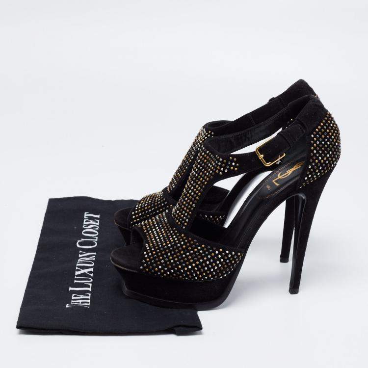 Pre Owned Saint Laurent Paris Black Studded Suede T-Strap Peep Toe Platform Sandals Size 38.5