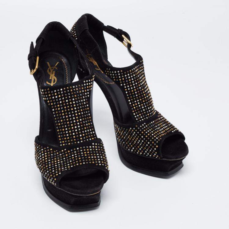 Pre Owned Saint Laurent Paris Black Studded Suede T-Strap Peep Toe Platform Sandals Size 38.5