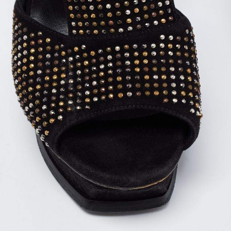 Pre Owned Saint Laurent Paris Black Studded Suede T-Strap Peep Toe Platform Sandals Size 38.5