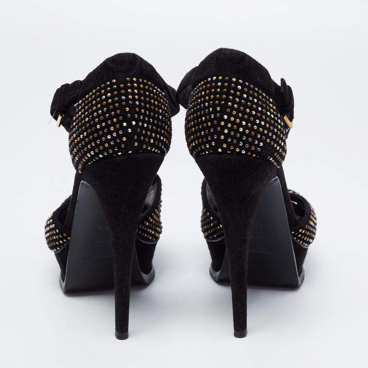 Pre Owned Saint Laurent Paris Black Studded Suede T-Strap Peep Toe Platform Sandals Size 38.5